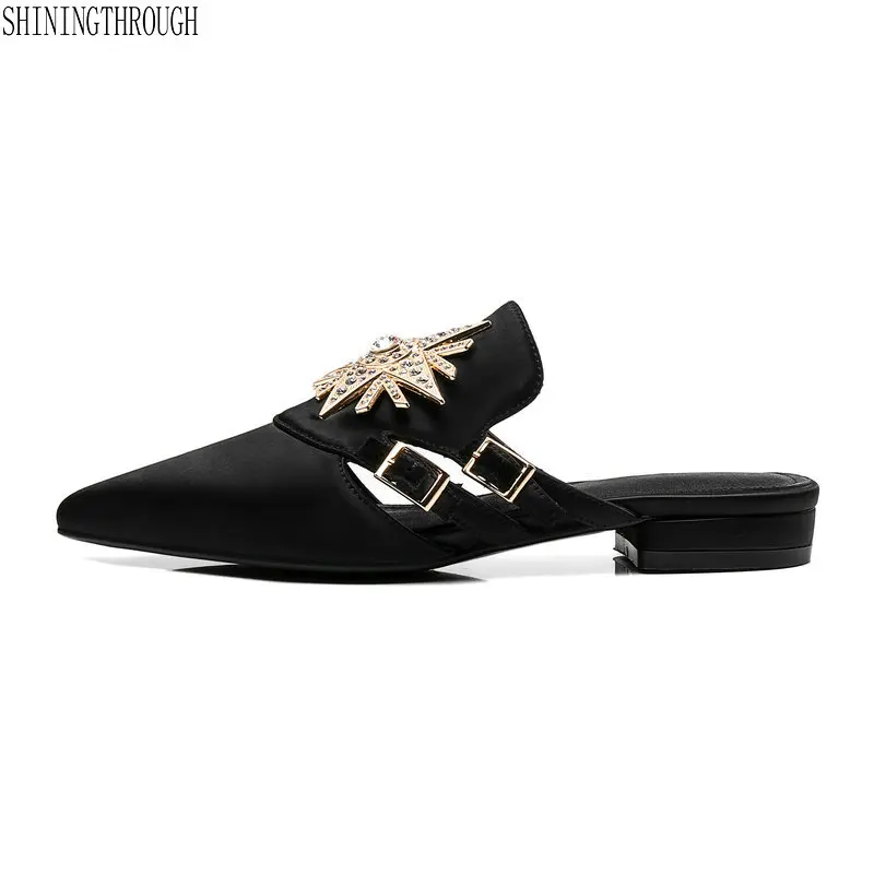 

Genuine Leather silk Women Slippers Slides 3cm square Heels Shoes Woman Summer spring Slippers Sexy poined toe low Heels Mules