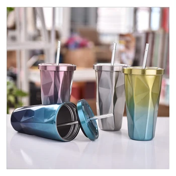 

1 pcs RSCHEF Gradient Cup Diamond Vacuum Vacuum Cup with Straw Stainless Steel Cup