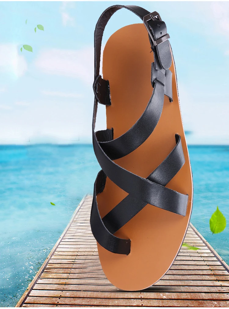 Summer Breathable Gladiator Casual Leather Sandal Big Size New Fashion Men Buckle Strap Comfortable Flat Rubber Sole Shoes