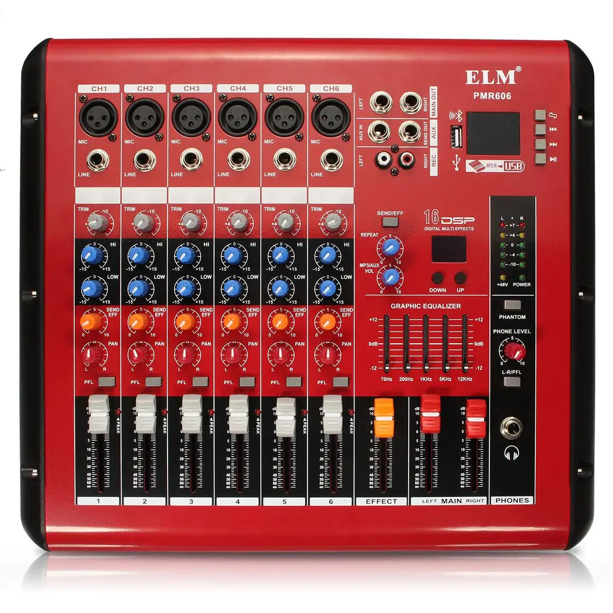 

48V LCD digital display 6 Channel Head phone monitoring bluetooth Mixer Mixing Console for Recording DJ