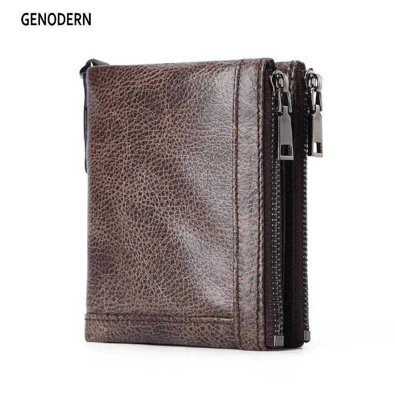 

GENODERN Retro Cowhide Leather Wallet for Man with Double Zipper Coin Pocket Short Male Purse RFID Blocking Small Men Wallets
