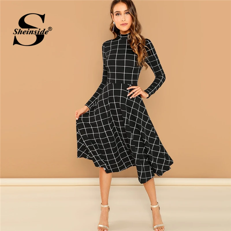 

Sheinside Office Ladies High Neck Fit & Flare Black Dress Elegant Women Long Sleeve Plaid Dresses 2018 Autumn A Line Midi Dress