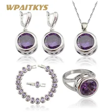 WPAITKYS, женские серебряные Ювелирные наборы, фиолетовый кубический цирконий, ожерелье, кулон, браслеты, серьги, кольца, подарочная коробка