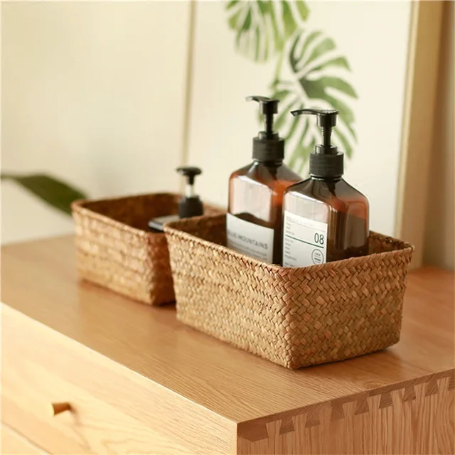 Straw Weaving Picnic Storage Wicker Basket For Toys Fruit Food Bathroom Desk Kitchen Neatening Sundries Organizer Panier Osier 2