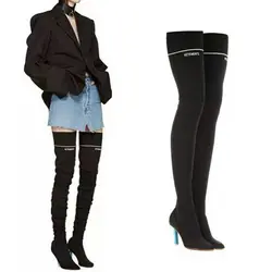 Женские черные с буквенным принтом длинные тонкие модные чулки выше колена