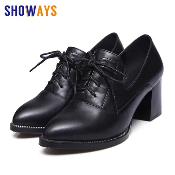 

Big Size British Women Oxfords 7cm High Square Thick Heel PU Leather Pointed Toe Pumps Vintage Casual Lady Lace-up Dress Brogues