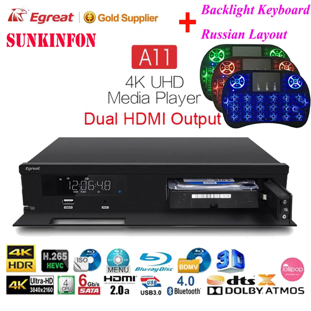 Egreat A11 tv Box 4K UHD медиаплеер 2G/16G 2T2R wifi Gigabit LAN Blu-Ray 3D Dolby ATOMS DTS X VIDON 2 HDMI порта PK Egreat A10 - Цвет: A11 Backlit Russian