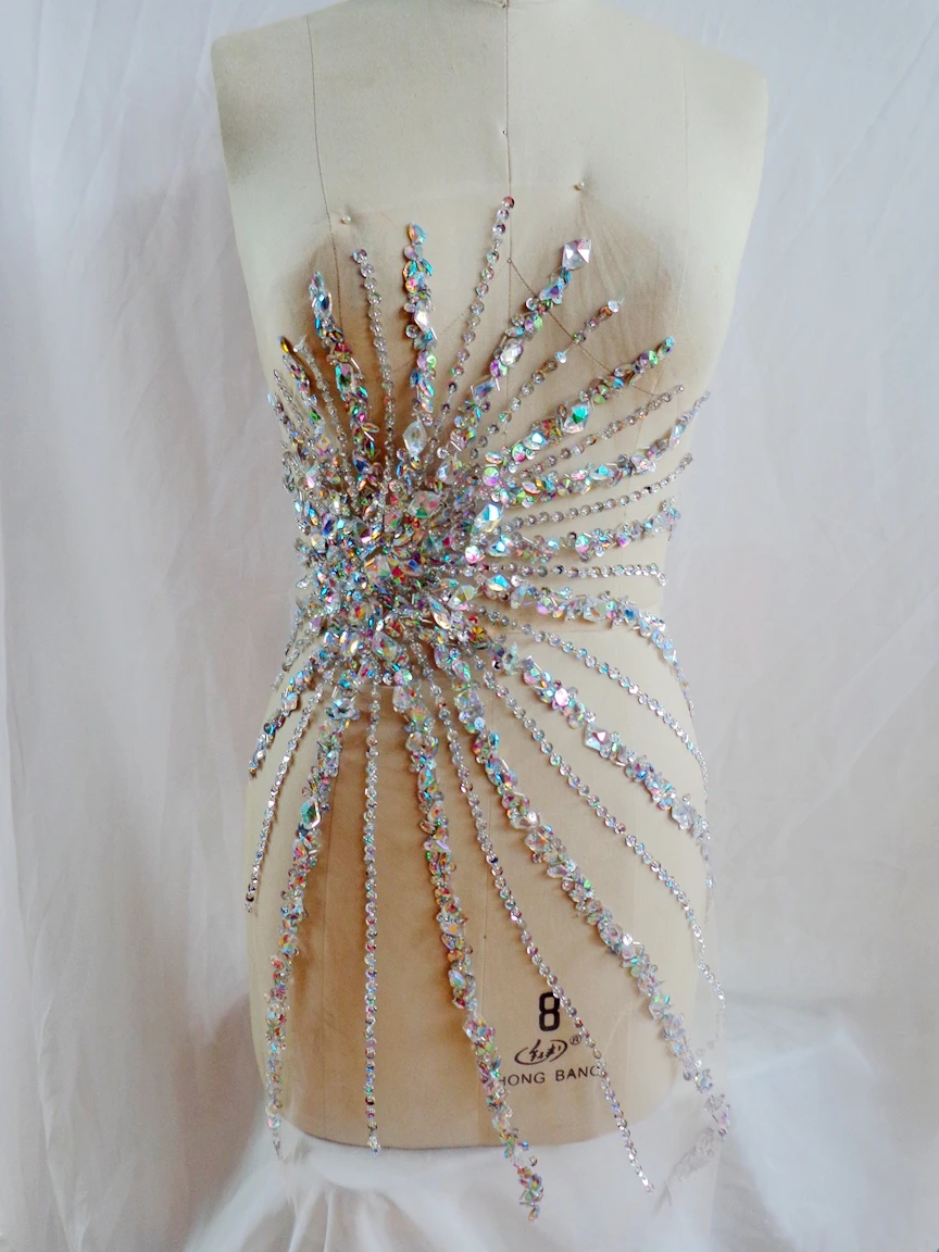 hand made clear AB colour sew on Rhinestones applique crystals trim patches 72 41 cm dress