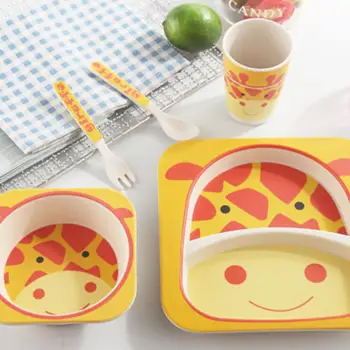

Cartoon Children Tableware Set Bamboo Fiber Innovative Cartoon Bowl Compartmental Plate Spoon Fork Cup Five-Piece Gift Tableware