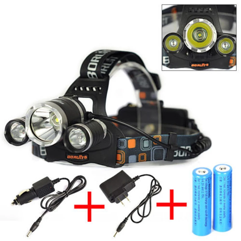 

Boruit 6000LM 3x XML T6 LED Headlamp Headlight Head Torch+2x18650+AC/Car Charger Bicycle Cycling Light Bike Outdoors Headtorch