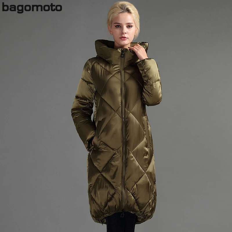 Женская куртка с капюшоном Bagomoto длинная парка из хлопка асимметричная теплая