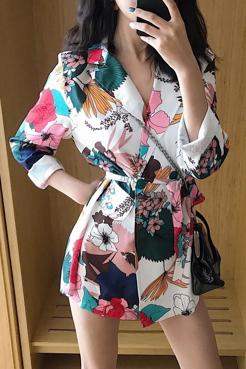 

2019 Spring Autumn Print Mid-Length Suit Jacket Loose Long Sleeve Temperament Small Suits Women Formal Office Lady Blazers