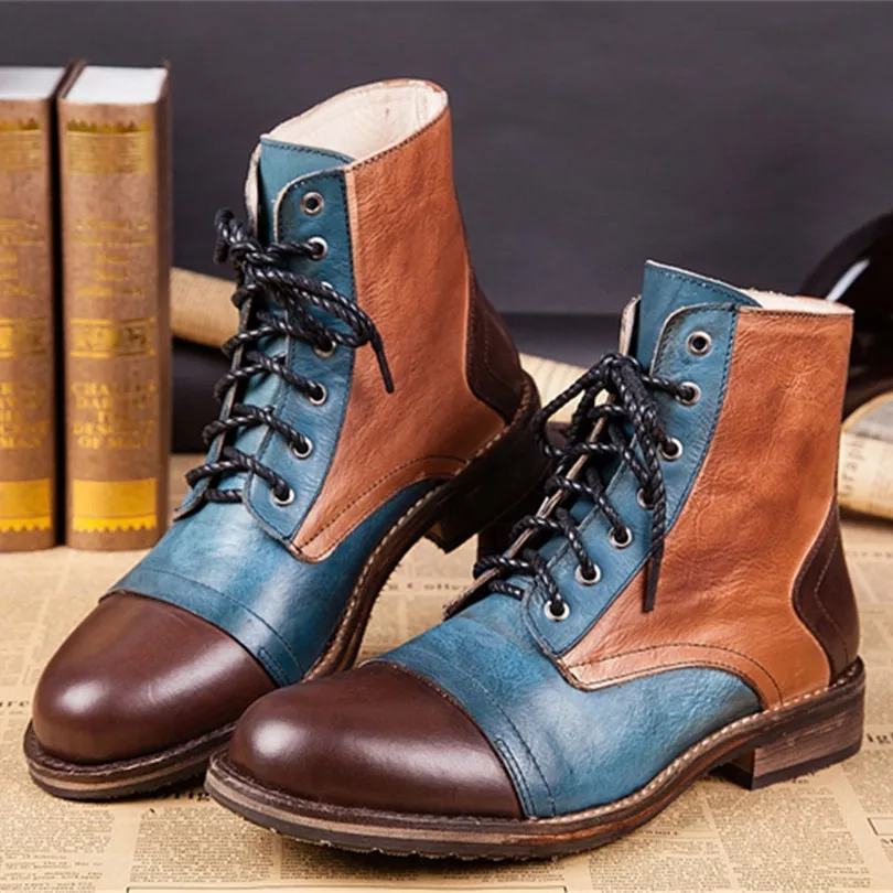 

2017 Spring New Style Chaussure Homme Masculino British style Round Toe Lace-up Zipper Mixed Colors Shoes Men Motorcycle Boots