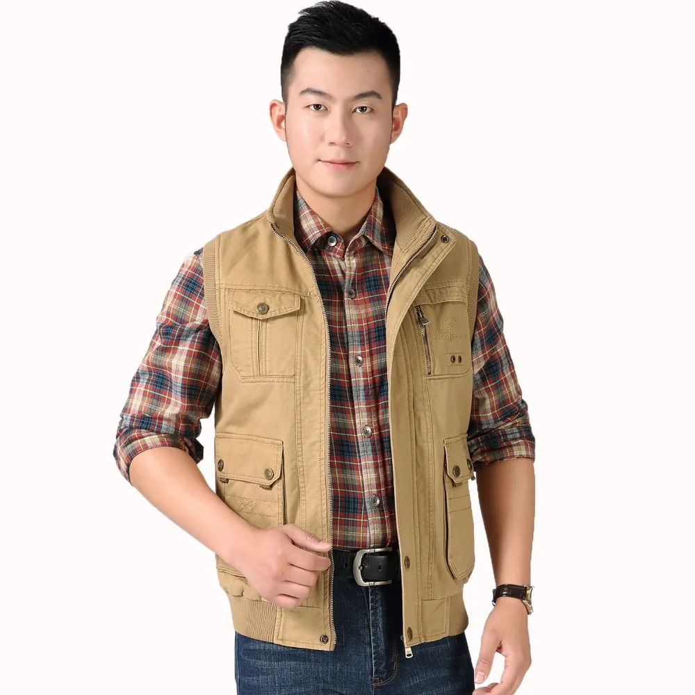 Man Casual Zipper Vests Multi pocket Men Herringbone Gilet Yellow Male Leisure Cotton Waistcoat