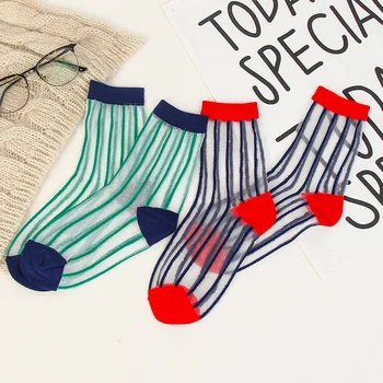 

2 Pairs Spring Summer Absorb Sweat Transparent Short Socks Women Crystal Elastic Striped Silk Socks Female Breathable Socks Lady