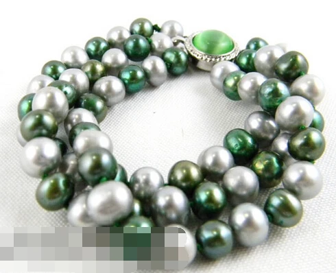 

free shipping 09438 3strands round green gray freshwater pearl Bracelet