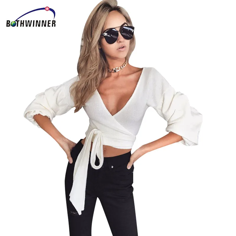 

Bothwinner Soild Women Wrap Women's Blouses Shirt Tie Waist Peplum Crop Tops Long Sleeves Shirts Ladies Tops