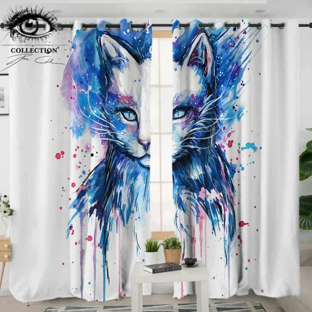 

Space by Pixie Cold Art Bedroom Curtain Watercolor Blue Blackout Curtains for Living Room Animal Cat Eye Window Drapes 1/2pcs