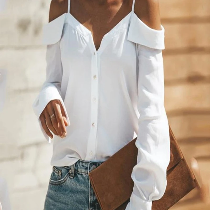 

Summer Autumn Women Sexy Off Shoulder Blouse Fashion Casual Women One-shoulder V-neck Long-sleeved Solid Color Sling Shirt