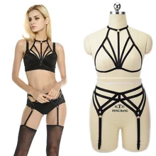 Сексуальный комплект для связывания, женский укороченный топ, бюстгальтер без косточек+ трусики с ремешками, фетиш, одежда для тела, бюстгальтер без косточек, экзотический, Рейв, боди