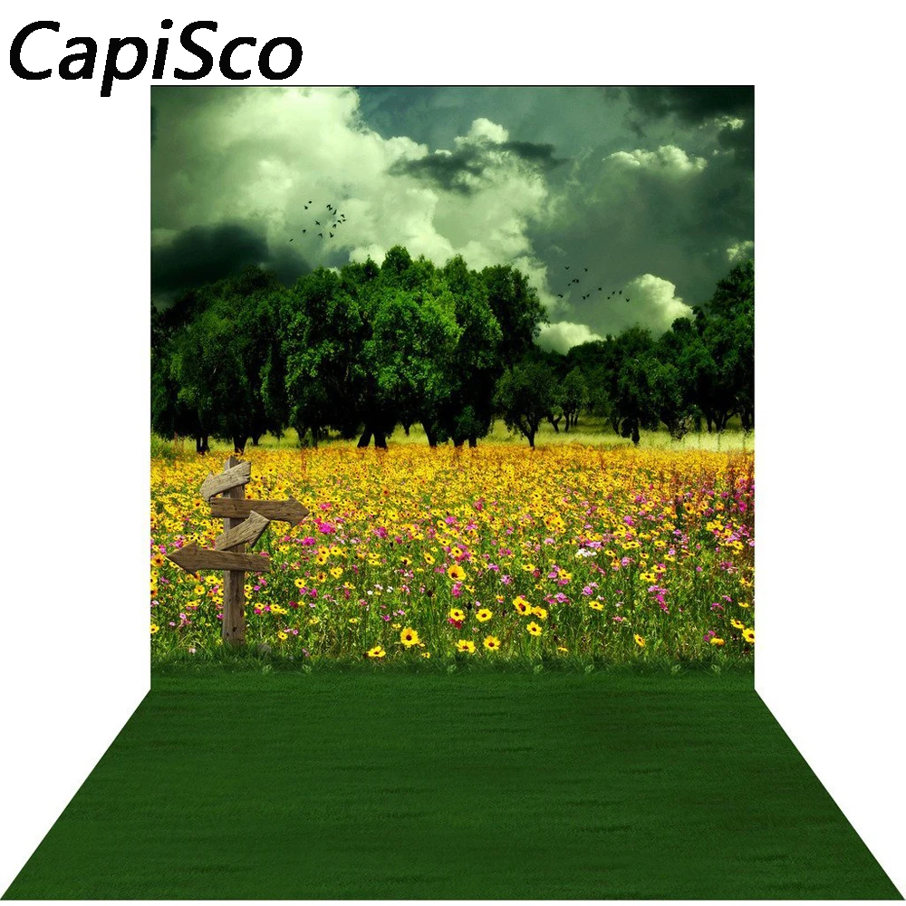 

Виниловый фон для фотосъемки с изображением пастбища и цветов