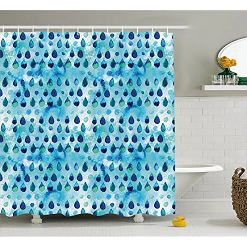 Vixm Navy and Teal Shower Curtain Abstract Blue Watercolor Drops