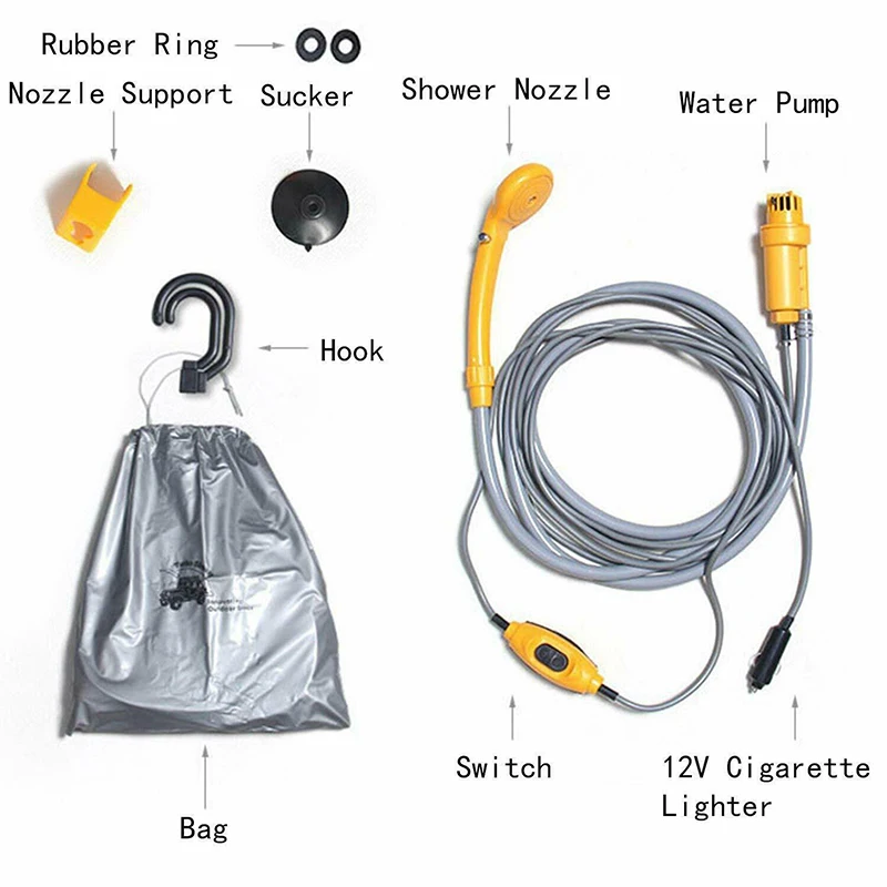12V Portable Camping Shower Multifunctional Hiking Camping Outdoor Shower Head Car Washer For Travel