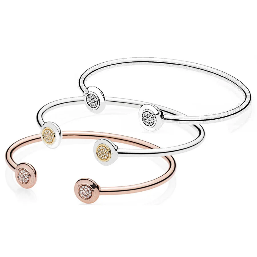 

Rose Gold & Silver Open Logo Signature With Crystal Bangle Fit Pandora Snake Bracelet 925 Sterling Silver Bead Charm Jewelry