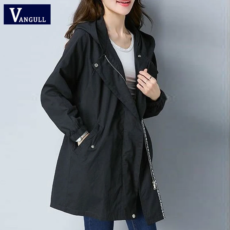 Vangull Women Trench Coat Female Long Sleeve Thin Hooded Wind Coat Autumn New Plus Size Loose Zipper Adjust Waist Outerwear