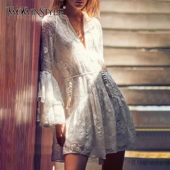 

TWOTWINSTYLE Elegant Solid Embroidery Women Dress V Neck Flare Sleeve High Waist Tassel Patchwork Mini Dresses Female Fashion