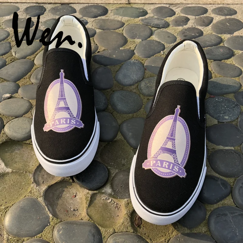

Wen Design PARIS Eiffel Tower Postmark Canvas Slip On Flats Black White Sneakers Shoes Men Women for Holiday Birthday Gifts