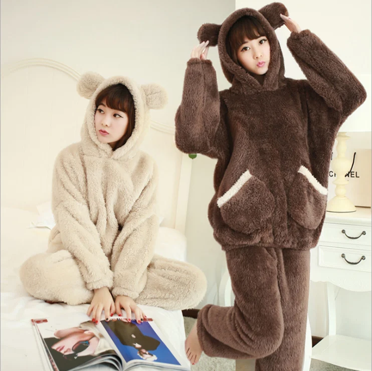 

2018 New Autumn Winter Women Flannel Pajamas Set Bear Hooded Pajamas Sleepwear Coral Fleece Thickened Warm Pyjamas Home Clothing