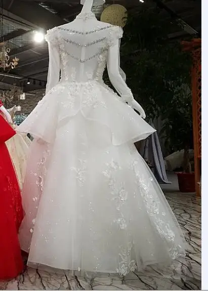 CloverBridal Высокая шея cap рукава длинные синие женские модельные элегантные пикантные Иллюзия Назад со стразами цепи кружева 3D цветы - Цвет: Слоновая кость