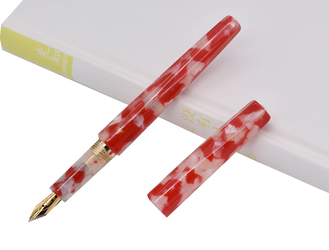 Fuliwen Marble Celluloid Fountain Pen Rhombus Beautiful Red Flower, Iridium Golden Medium Nib Business Office School Supplies 12 pcs box sketch charcoal pencil set soft medium hard professional drawing stationery professional art supplies 112 12