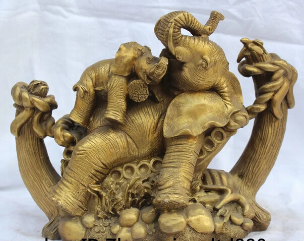 

JP S61 10" Lovely Chinese Pure Brass Family Elephant Play on Swing Statue Sculptures B0403