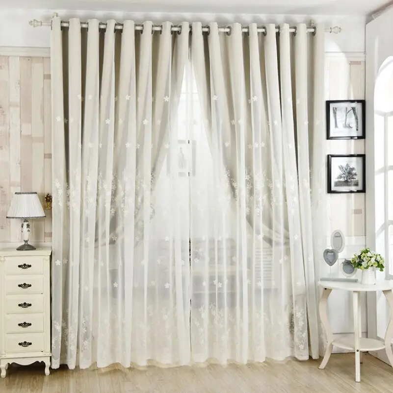 European Floral Lace Embroidery Tulle+Black Out Double linen Curtains with Leaves Tassel High Black Out Blinds Window Curtains