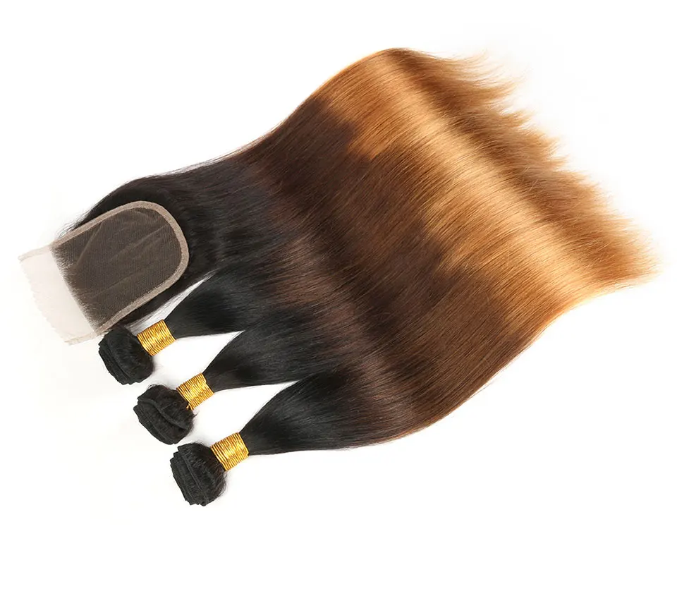 Hair Villa Ombre Indian Straight Hair With Closure #1b 4 30 4 4 Salon Remy Ombre Human Hair 2 3 Bundles with Lace Closure (5)