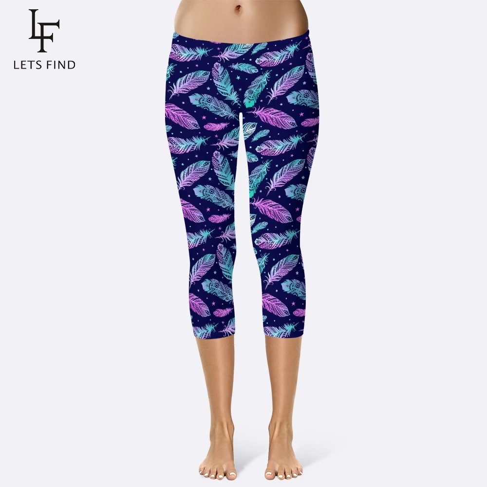 

2019 New Colorful Feathers Leggings Women Mid Waist High Elastic Capri Workout Fitness Leggins 3D Printed Plus Size Legging