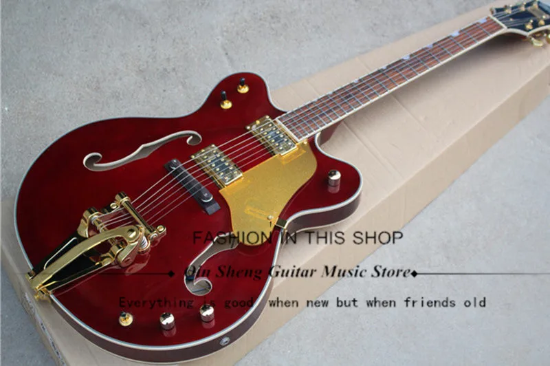 

red\black semi-hollow electric guitar with white Binding,rosewood fretboard,tremolo system, customized services,free shipping
