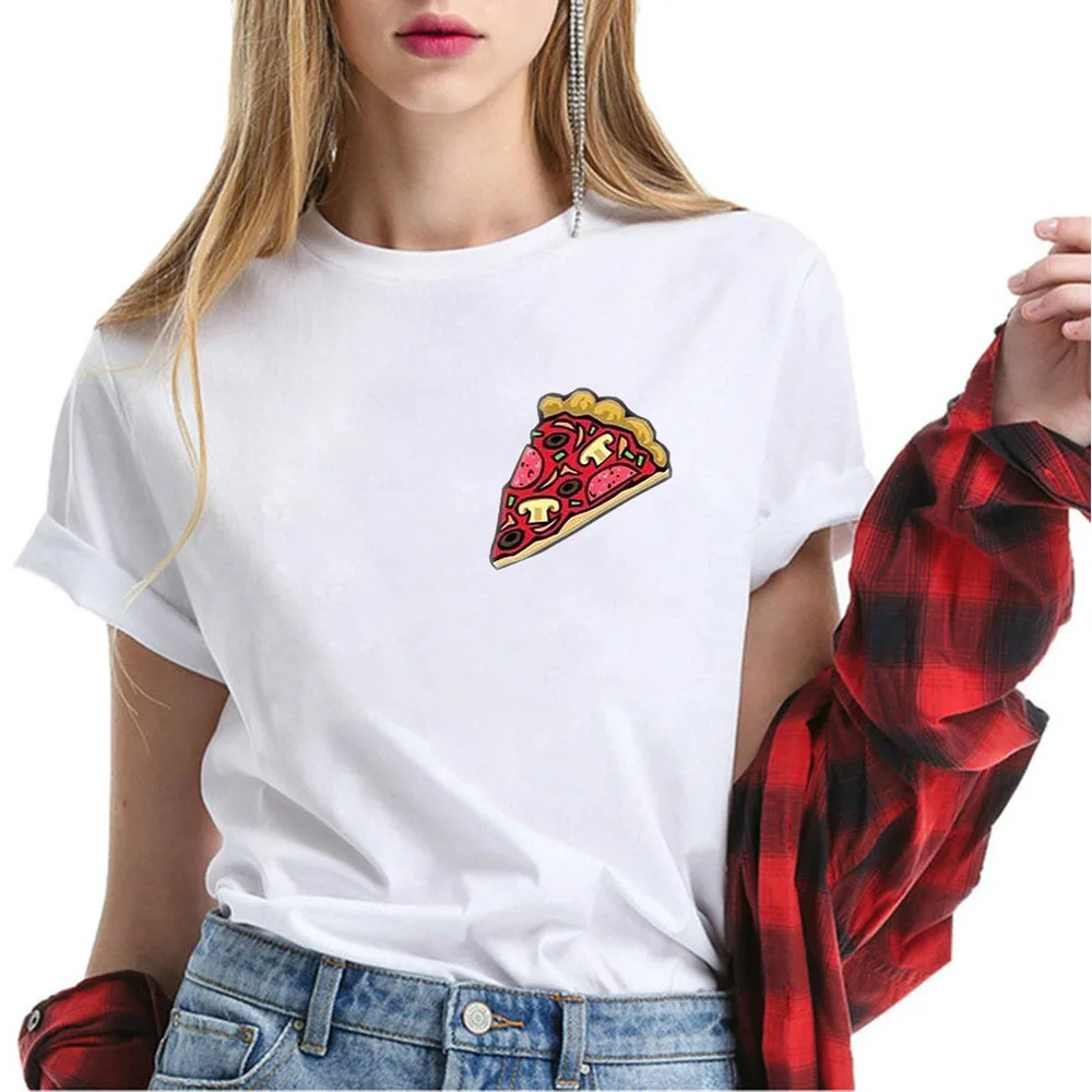 

White Funny Pizza Pattern Fun Clothes Women T Shirts Men T-Shirts Cotton Tee Round Neck Funny Tops Short Sleeve Tee