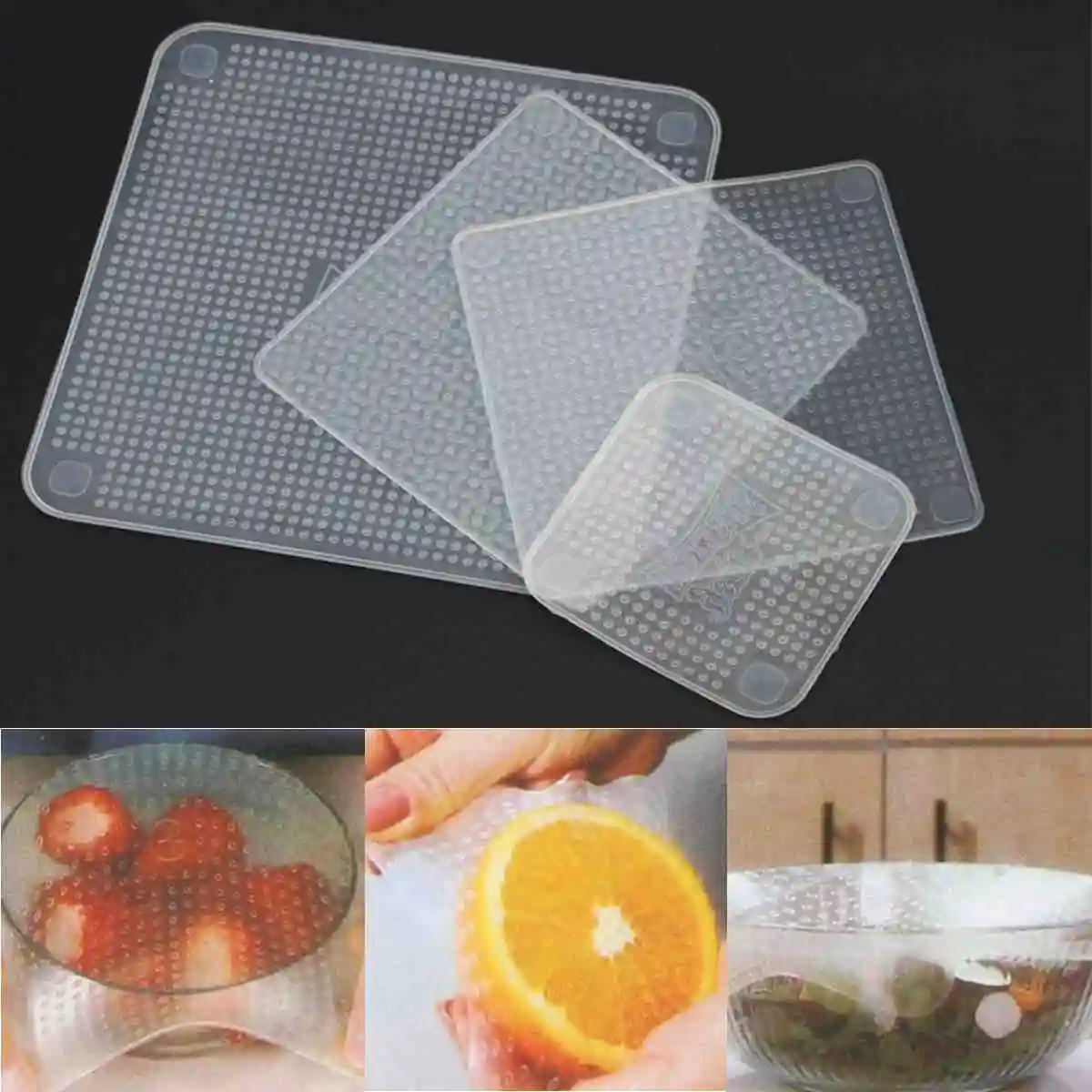 4pcs 1 set  Reusable Clear Stretch Fresh Food Wraps Seal Cover Kitchen Accessories Tool