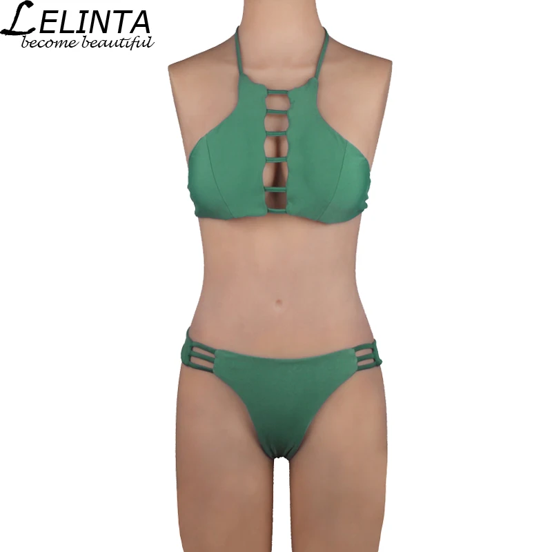 LELINTA Sexy Green Color Hollow Out Bikini Set Braided Rope Bangdage Push Up Swimsuit Hanging-neck Beach Bath Swimwear
