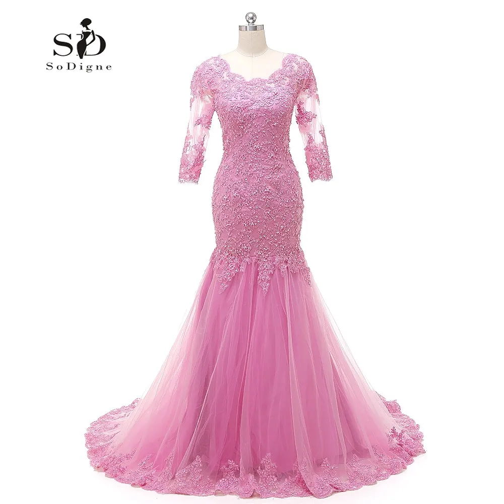 

Mermaid Wedding Dress 2018 Pink Wedding Dresses with Veil Lace Appliques with Beads Bridal Gown Three-quarter sleeves Lace-up