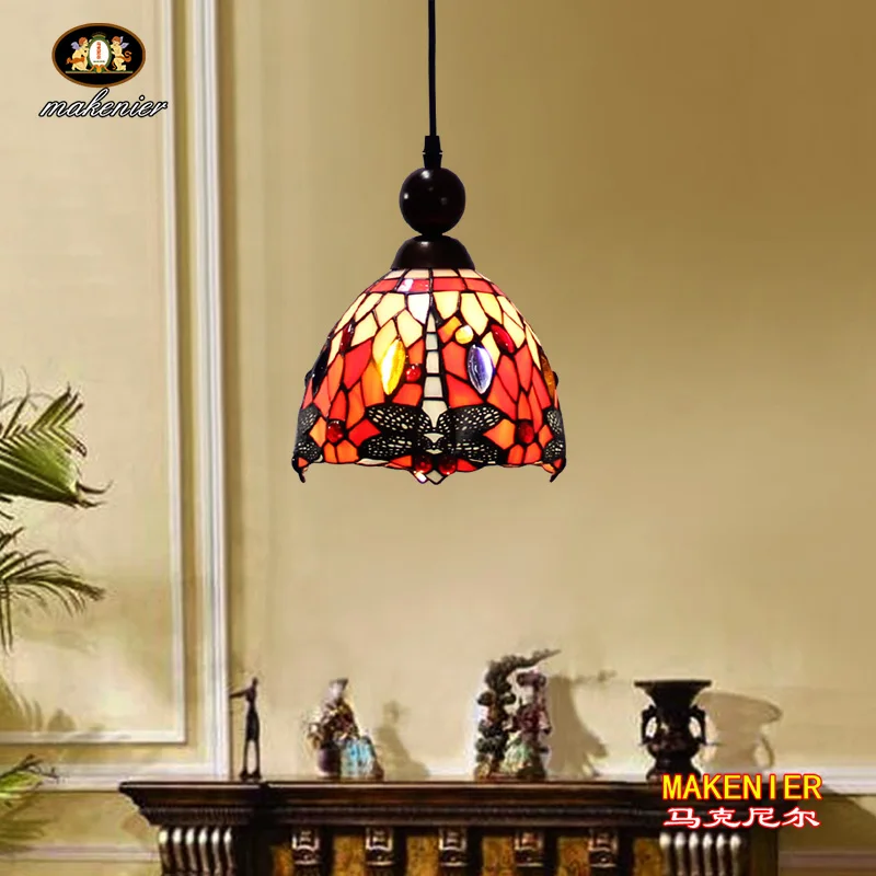 

Makenier Tiffany Style Stained Glass Red Dragonfly Vintage Small Pendant Lamp, 7 Inches Lampshade