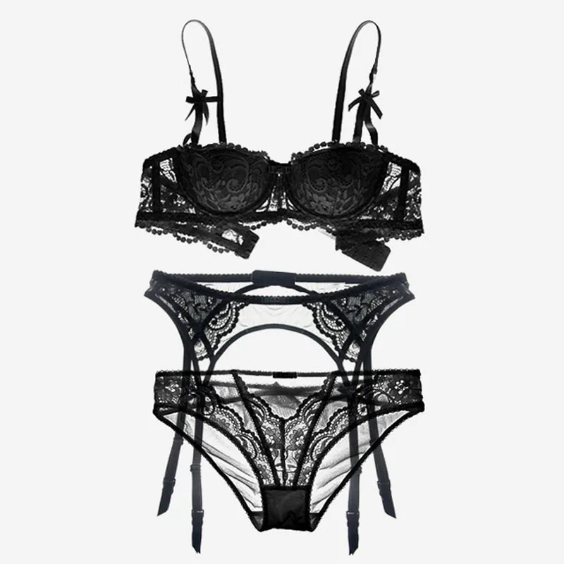 Black Lace Mousse Half Cup Bra Panty Garter Set With Transparent