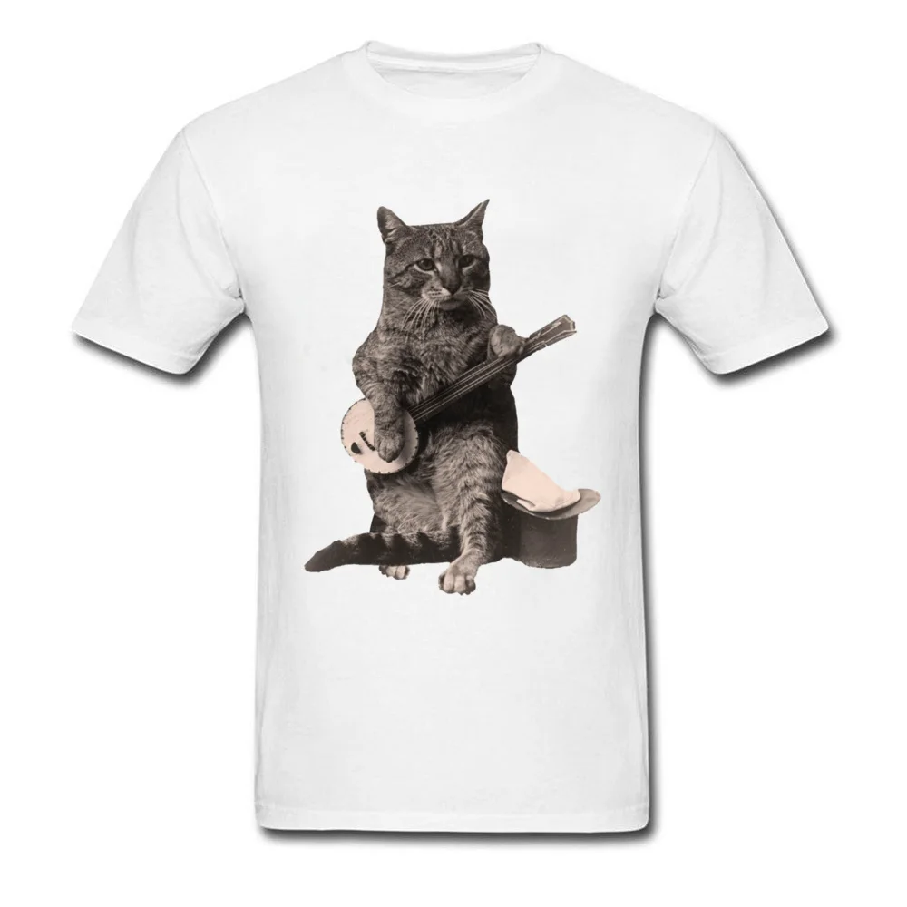 Cat Playing Banjo Guitar ostern Day Pure Cotton O-Neck Tops & Tees Short Sleeve Custom Tee Shirts Coupons Normal T Shirts Cat Playing Banjo Guitar white