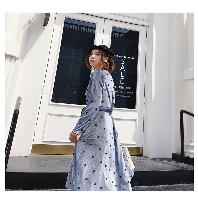 HziriP Women New Elegant Long Shirt Dress 2018 Autumn Dot Long Sleeves Casual Loose Dresses Vacation Mid-Calf V-Neck Collars
