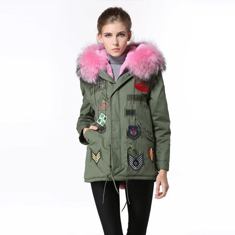 Chaqueta corta con grande para mujer, Parka con insignia de color rosa, nuevo diseño, Invierno _ - Mobile