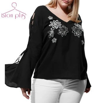

Hit Color Embroidery T-shirt women Large Sizes 5XL 6XL 2017 Autumn Flower Print Flare Sleeve Back V-Neck Shirt Women Clothing
