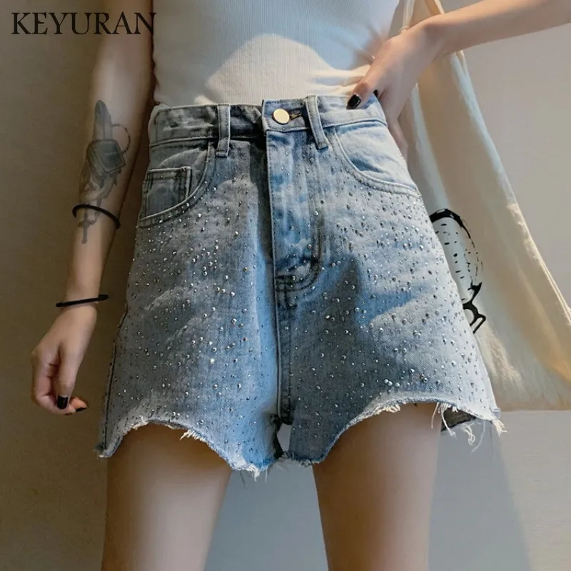 Плюс размеры шорты с кристаллами для женщин Повседневное Новинка 2019 года Высокая талия хлопок Sexy Rave Jean Короткие Модные кнопка карманы